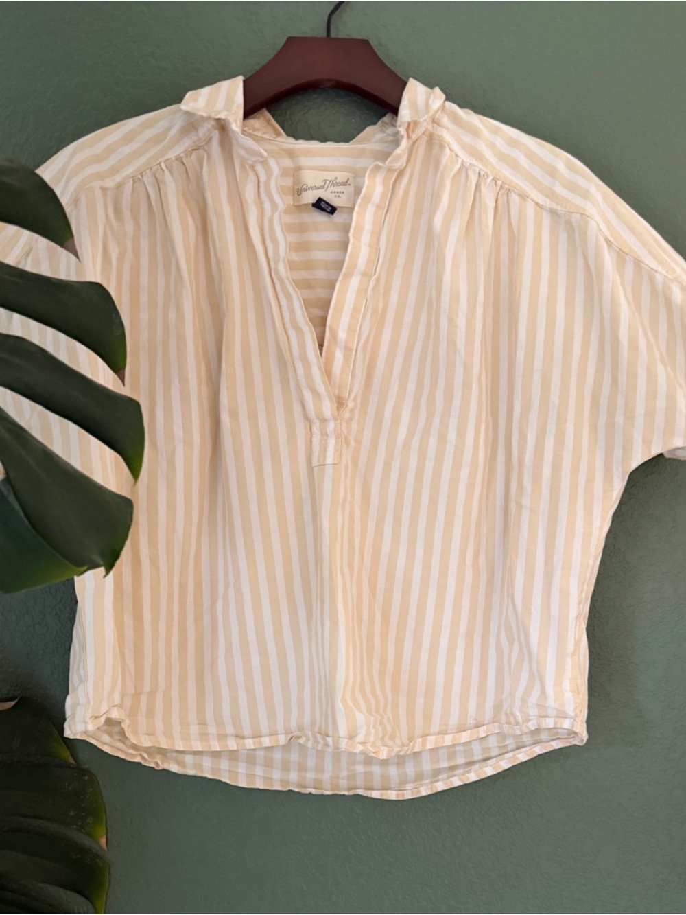Universal Thread Cream and White Striped Split-Neck Blouse